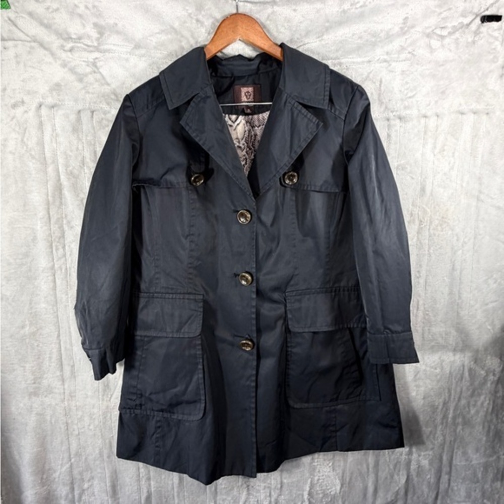 Anne Klein Black Trench Coat XL Snakeskin Lining Button Front Pockets